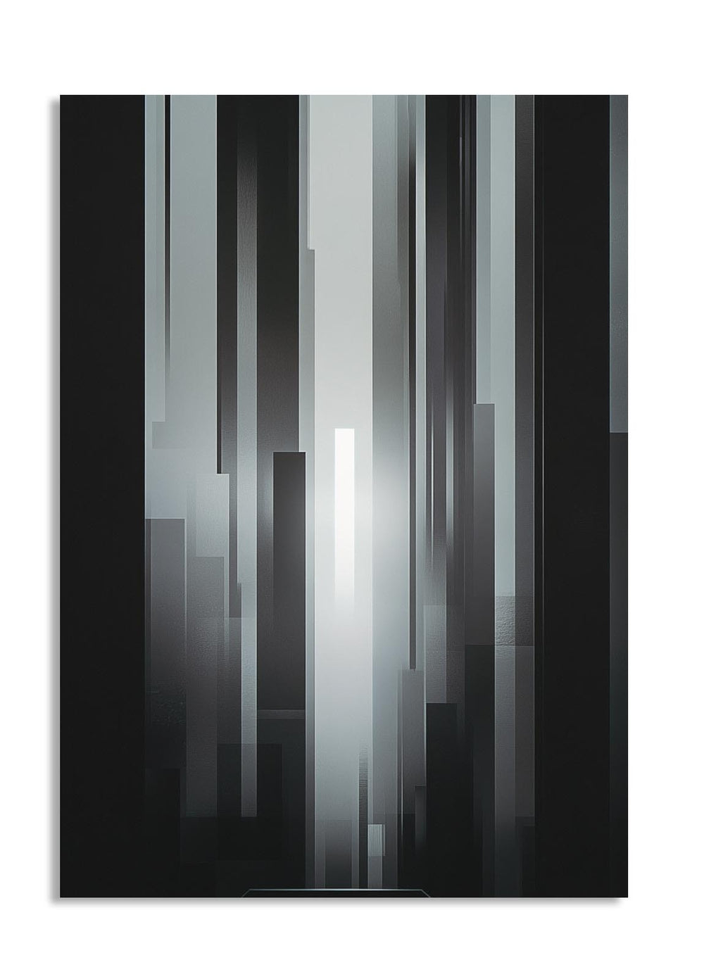 Abstract art piece with vertical black, gray, and white stripes on a black background, as a premium aluminum metal print from GoMetalPrint.
