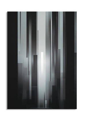Abstract art piece with vertical black, gray, and white stripes on a black background, as a premium aluminum metal print from GoMetalPrint.
