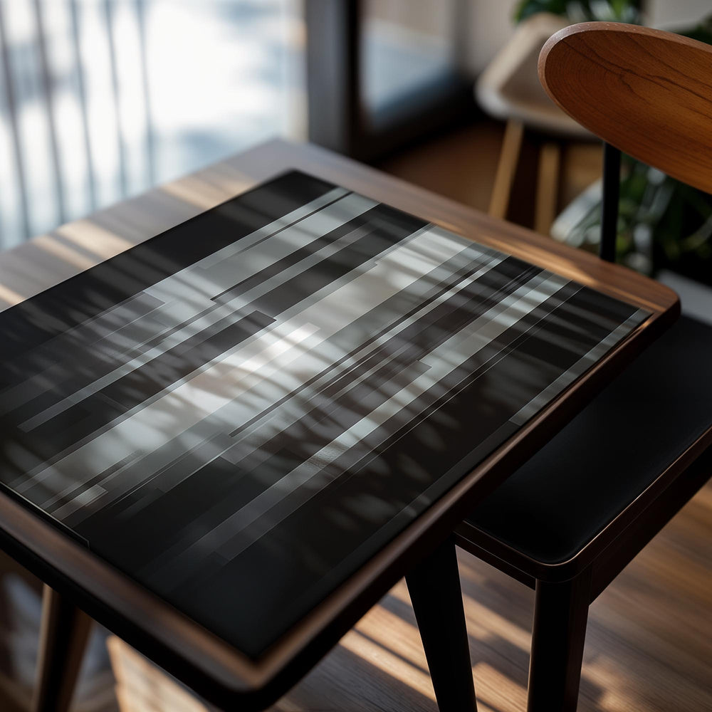 Abstract art piece with vertical black, gray, and white stripes on a black background, as a premium aluminum metal print from GoMetalPrint.

