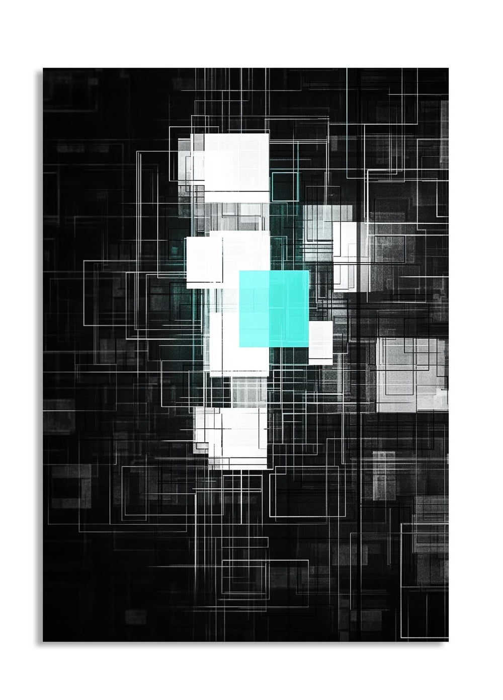 Abstract art print with geometric shapes on a black background, as a premium aluminum metal print from GoMetalPrint.
