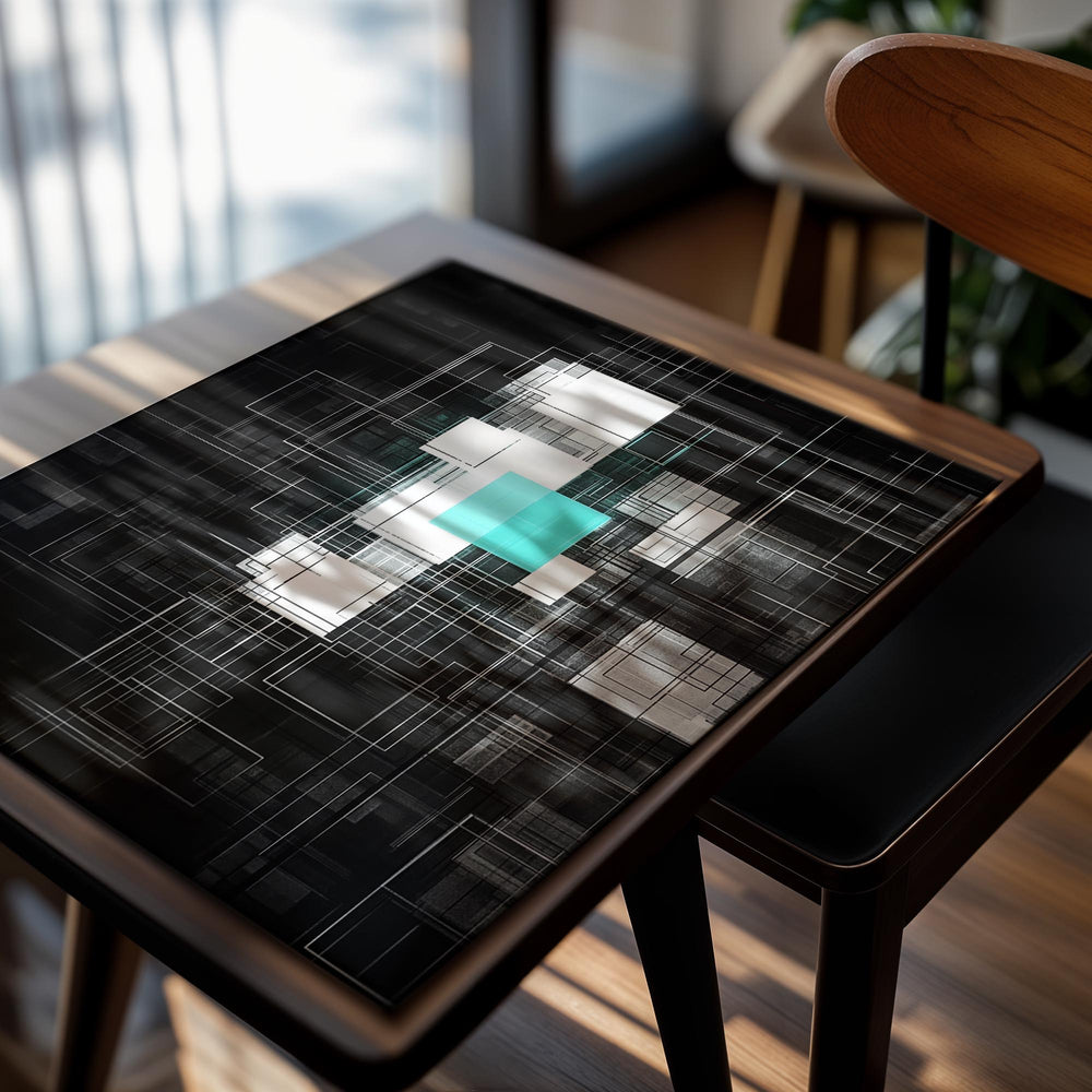 Abstract art print with geometric shapes on a black background, as a premium aluminum metal print from GoMetalPrint.
