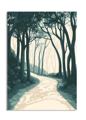 Art print of a forest path with trees casting shadows on the ground, as a premium aluminum metal print from GoMetalPrint.
