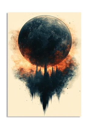 Artistic depiction of a planet with a city silhouette on a beige background, as a premium aluminum metal print from GoMetalPrint.
