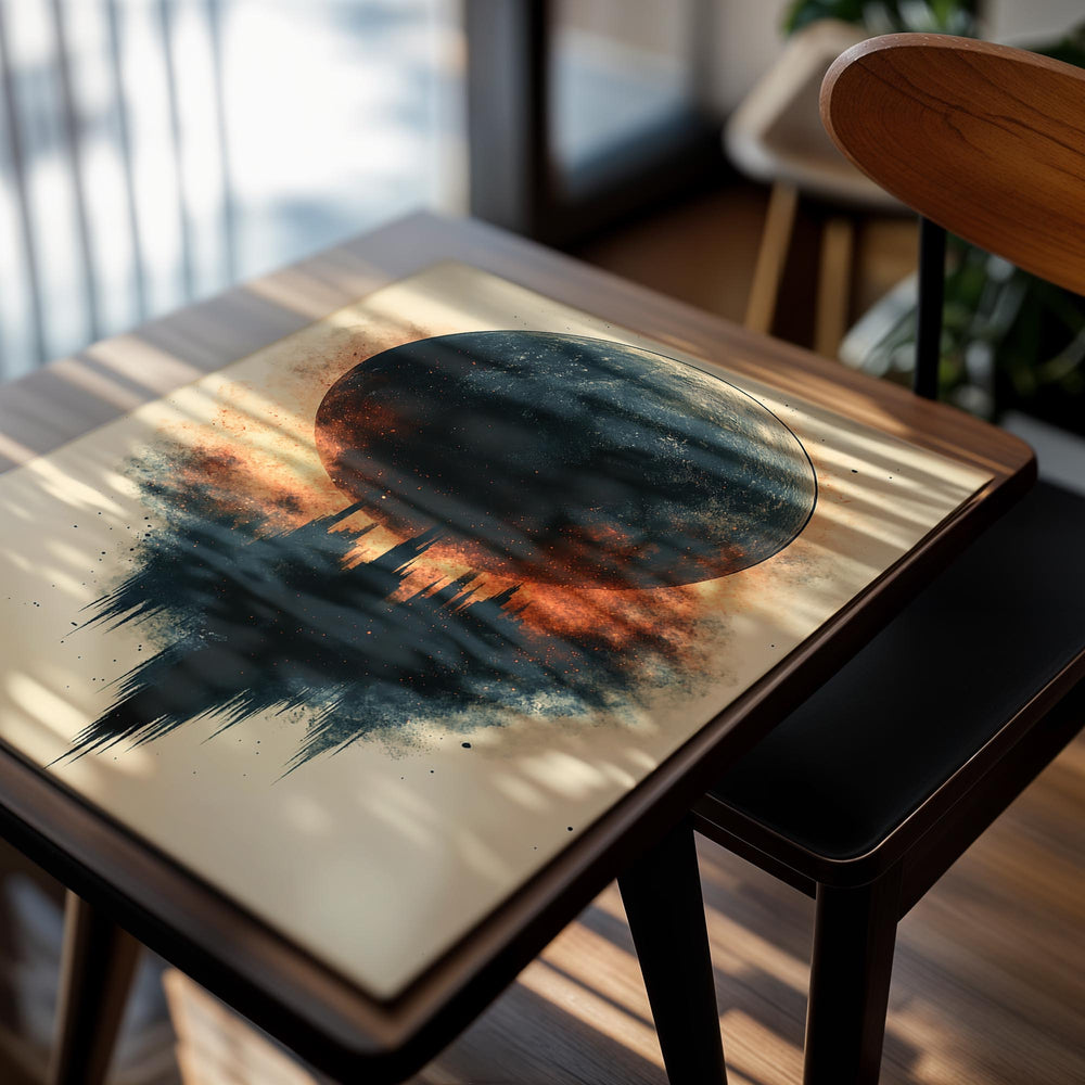 Artistic depiction of a planet with a city silhouette on a beige background, as a premium aluminum metal print from GoMetalPrint.
