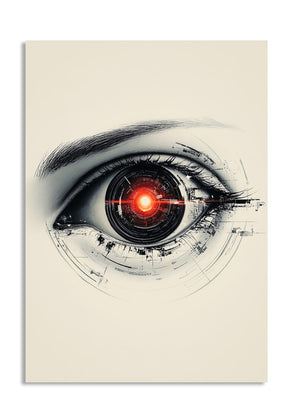 Artistic depiction of a eye with a red light on a beige background, as a premium aluminum metal print from GoMetalPrint.
