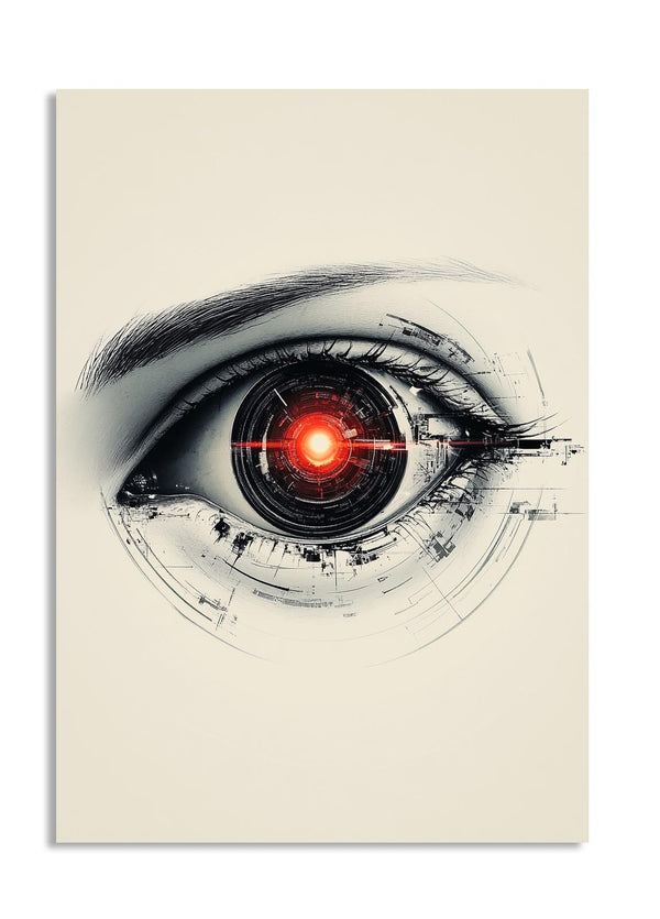 Artistic depiction of a eye with a red light on a beige background, as a premium aluminum metal print from GoMetalPrint.
