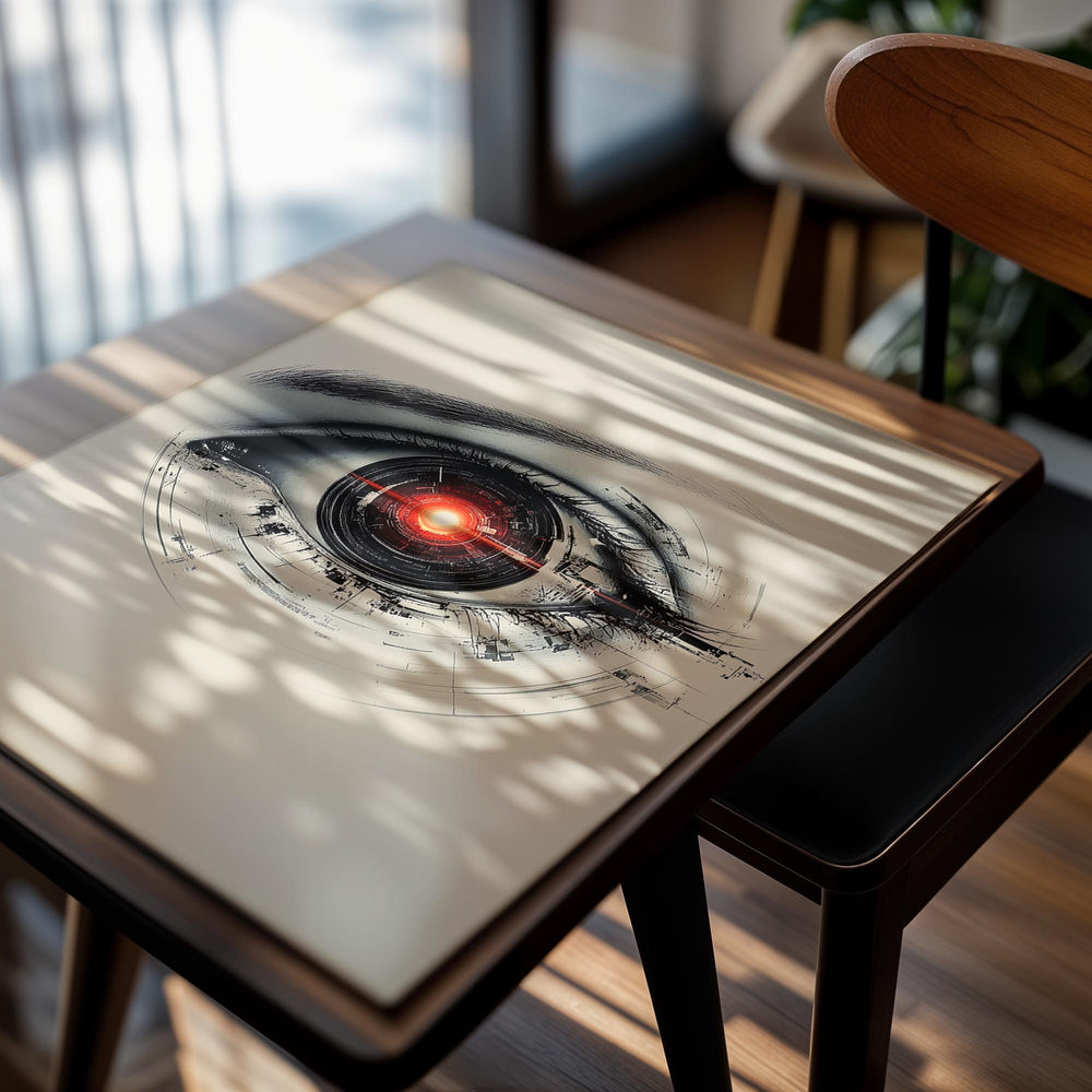 Artistic depiction of a eye with a red light on a beige background, as a premium aluminum metal print from GoMetalPrint.
