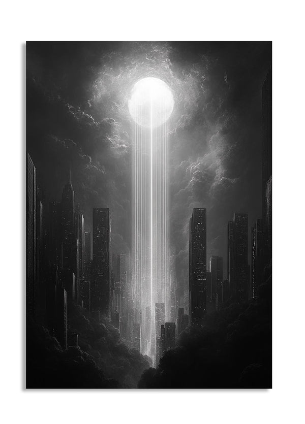 Black and white cityscape with a bright light shining down from above, as a premium aluminum metal print from GoMetalPrint.
