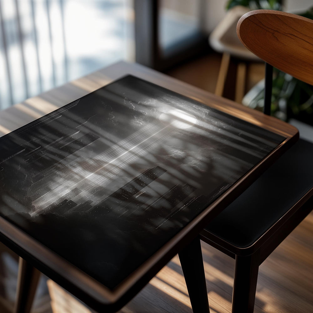 Black and white cityscape with a bright light shining down from above, as a premium aluminum metal print from GoMetalPrint.
