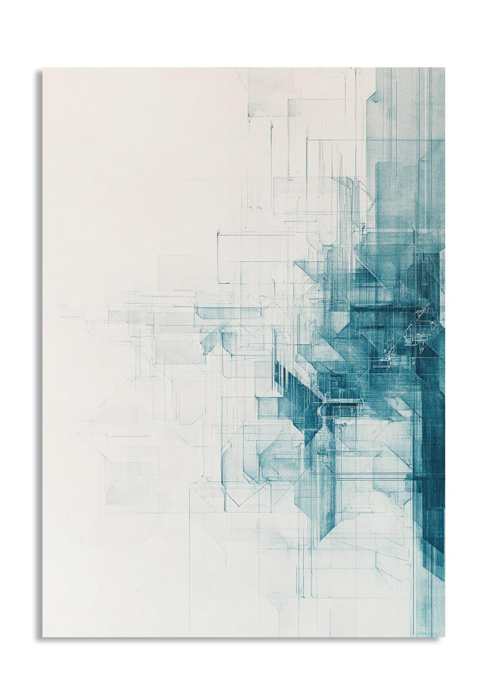 Abstract geometric art piece with blue and gray tones on a white background, as a premium aluminum metal print from GoMetalPrint.
