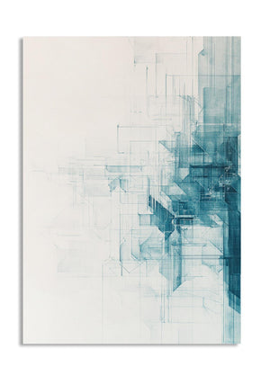 Abstract geometric art piece with blue and gray tones on a white background, as a premium aluminum metal print from GoMetalPrint.
