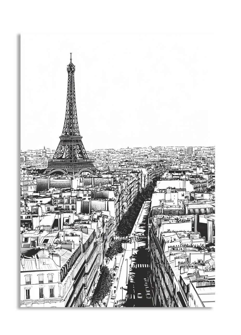 Black and white illustration of the Eiffel Tower and Parisian skyline, as a premium aluminum metal print from GoMetalPrint.
