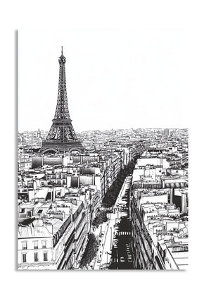 Black and white illustration of the Eiffel Tower and Parisian skyline, as a premium aluminum metal print from GoMetalPrint.
