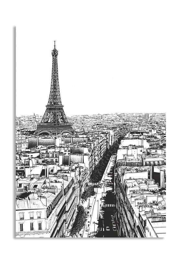 Black and white illustration of the Eiffel Tower and Parisian skyline, as a premium aluminum metal print from GoMetalPrint.

