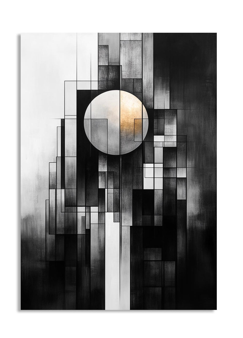 Abstract black and white artwork with a central circular light element, as a premium aluminum metal print from GoMetalPrint.
