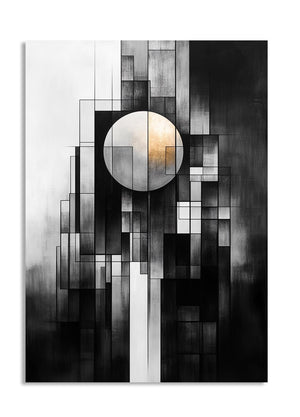 Abstract black and white artwork with a central circular light element, as a premium aluminum metal print from GoMetalPrint.
