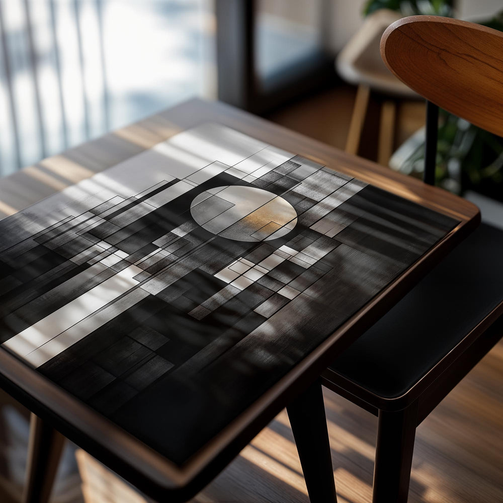 Abstract black and white artwork with a central circular light element, as a premium aluminum metal print from GoMetalPrint.
