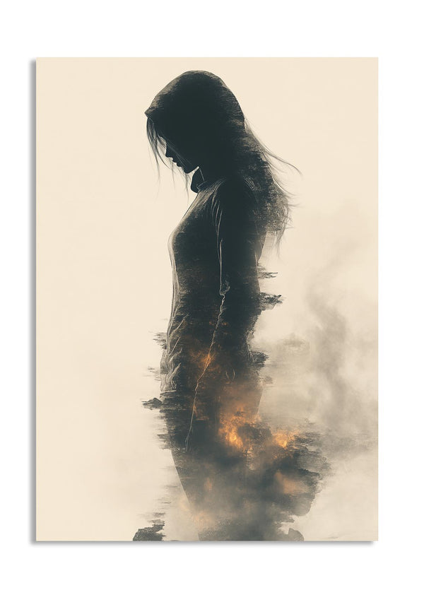 Silhouette of a woman with a reflective surface and abstract elements, as a premium aluminum metal print from GoMetalPrint.
