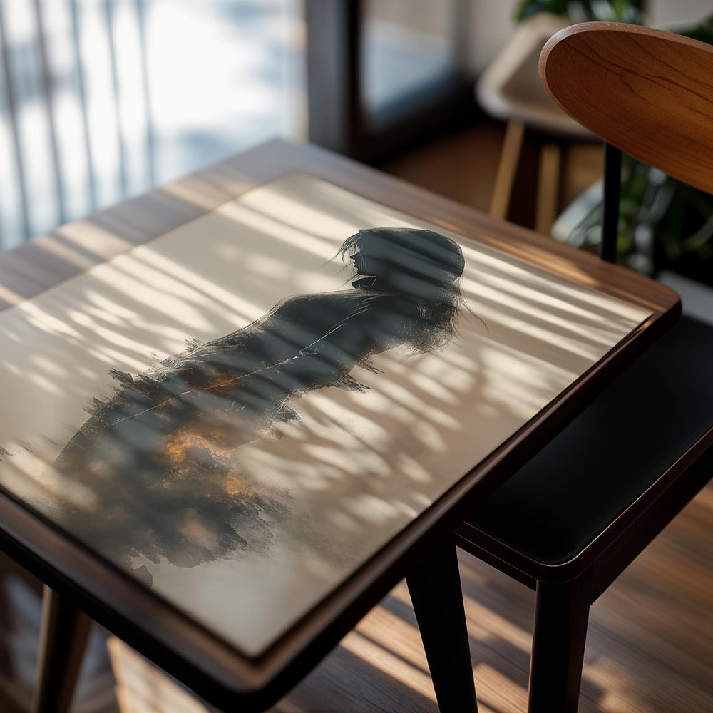 Silhouette of a woman with a reflective surface and abstract elements, as a premium aluminum metal print from GoMetalPrint.
