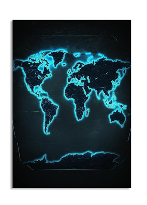 World map with blue glowing outline on a black background, as a premium aluminum metal print from GoMetalPrint.
