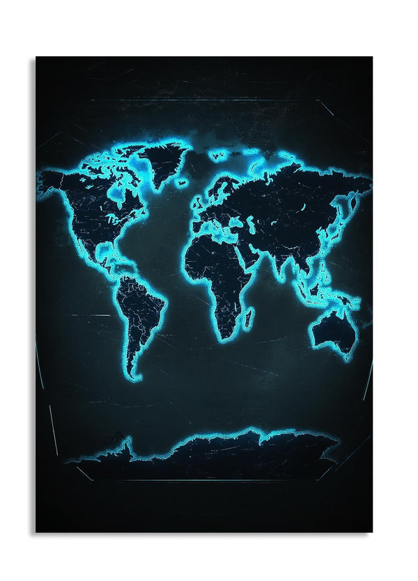 World map with blue glowing outline on a black background, as a premium aluminum metal print from GoMetalPrint.
