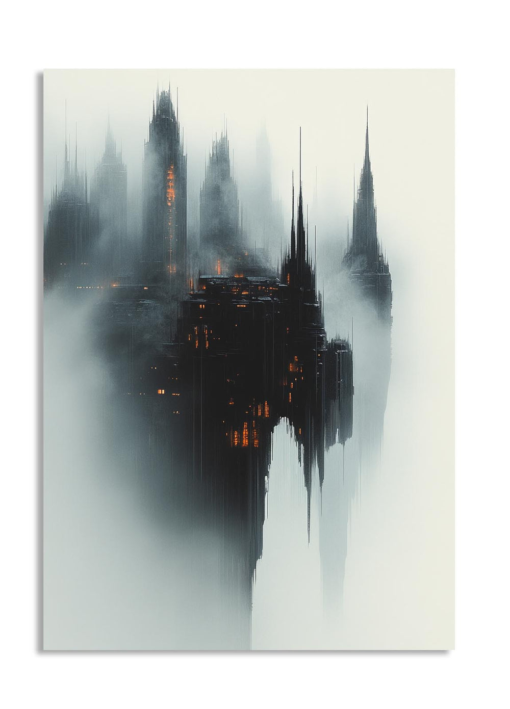 Futuristic cityscape with tall buildings shrouded in mist on a white background, as a premium aluminum metal print from GoMetalPrint.
