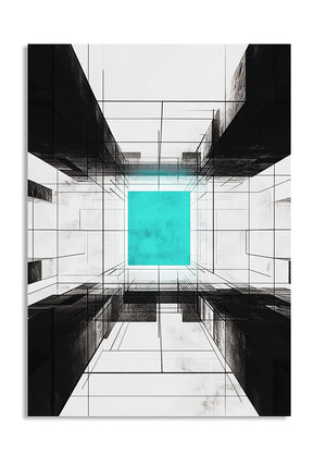 Abstract architectural design with a central turquoise square, as a premium aluminum metal print from GoMetalPrint.

