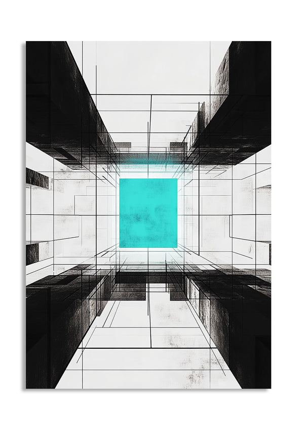 Abstract architectural design with a central turquoise square, as a premium aluminum metal print from GoMetalPrint.
