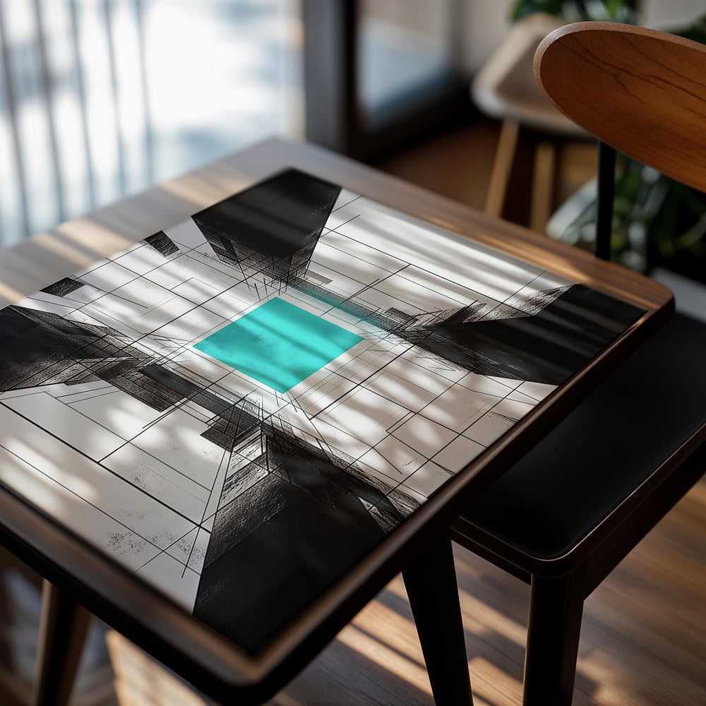 Abstract architectural design with a central turquoise square, as a premium aluminum metal print from GoMetalPrint.
