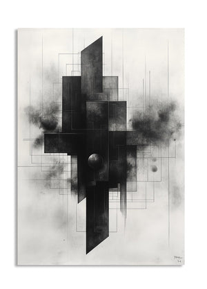 Abstract black and white artwork with geometric shapes on a textured background, as a premium aluminum metal print from GoMetalPrint.
