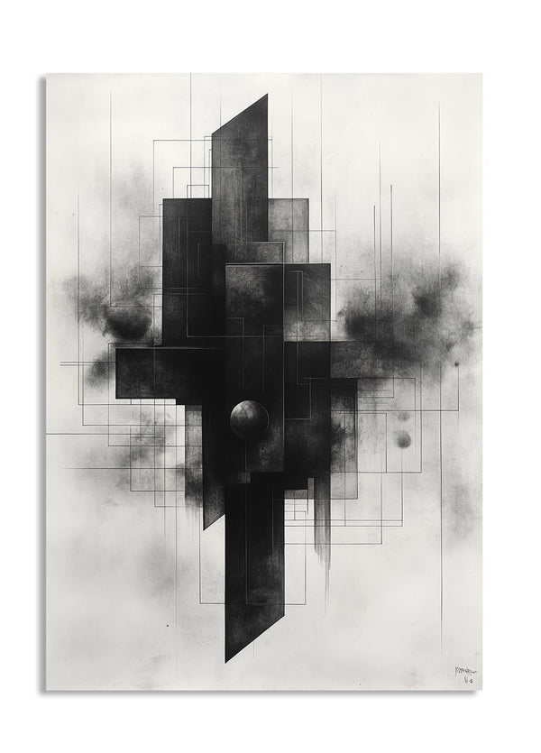 Abstract black and white artwork with geometric shapes on a textured background, as a premium aluminum metal print from GoMetalPrint.
