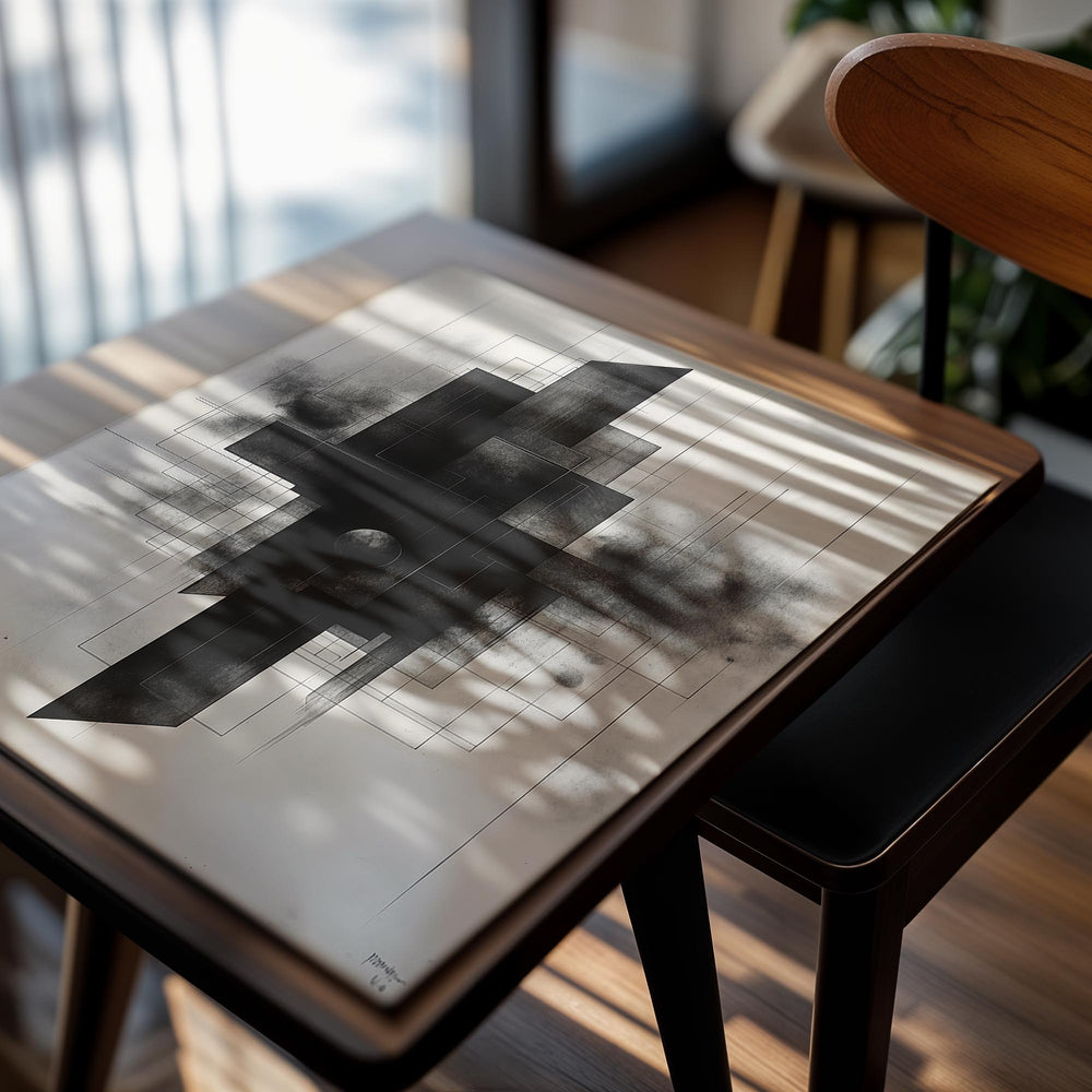 Abstract black and white artwork with geometric shapes on a textured background, as a premium aluminum metal print from GoMetalPrint.
