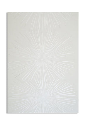 White textured wall panel with starburst pattern on a white background, as a premium aluminum metal print from GoMetalPrint.
