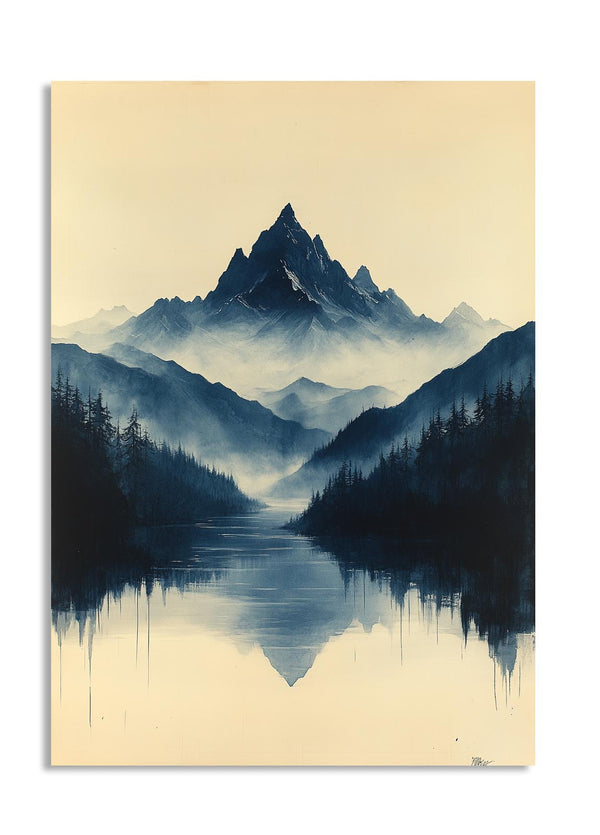 Mountain landscape with reflection in water on a beige background, as a premium aluminum metal print from GoMetalPrint.

