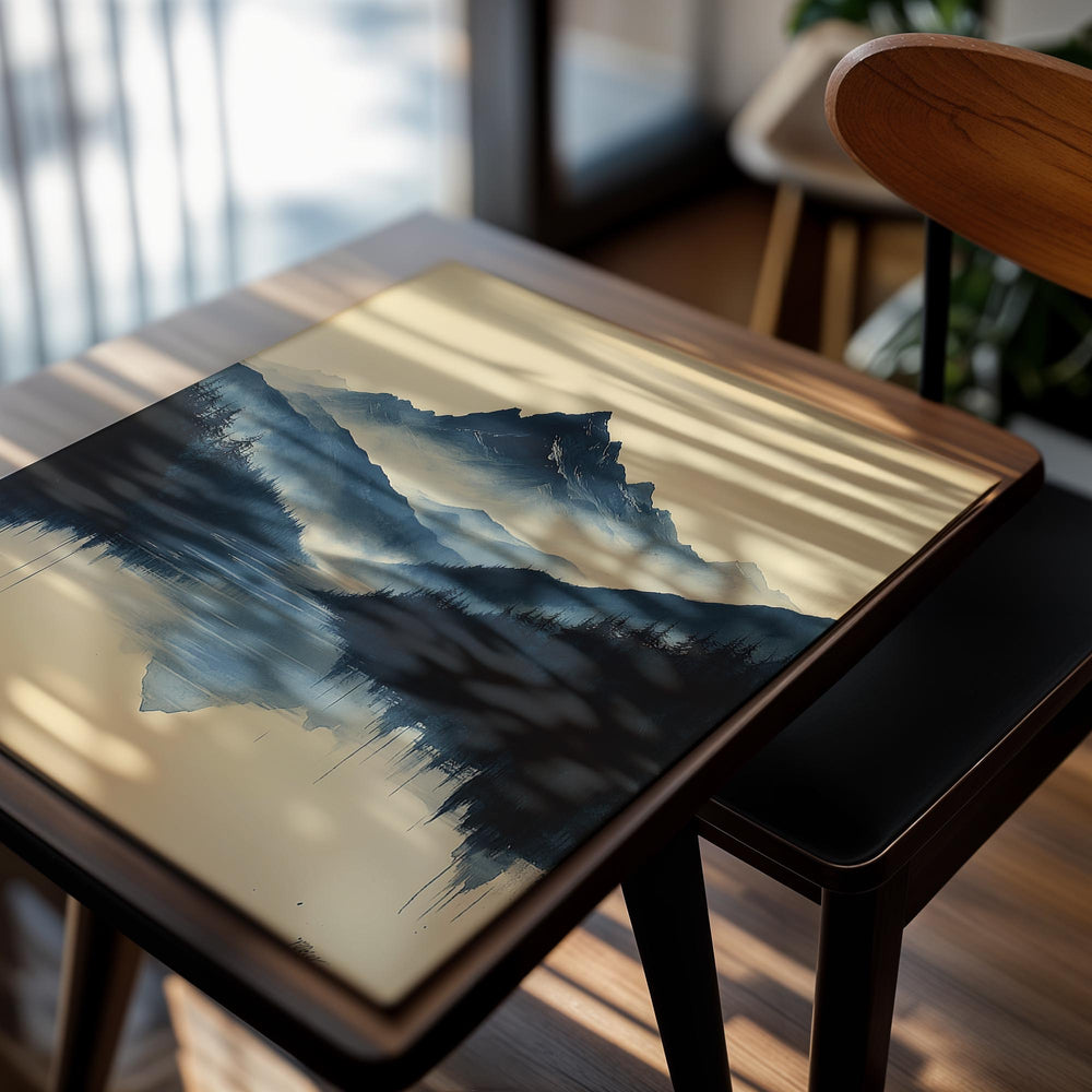 Mountain landscape with reflection in water on a beige background, as a premium aluminum metal print from GoMetalPrint.
