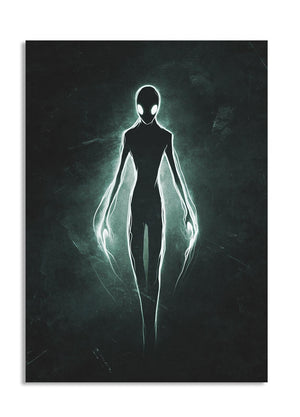 Silhouette of an alien figure on a dark background, as a premium aluminum metal print from GoMetalPrint.

