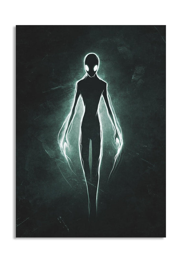 Silhouette of an alien figure on a dark background, as a premium aluminum metal print from GoMetalPrint.
