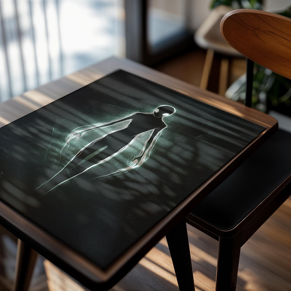 Silhouette of an alien figure on a dark background, as a premium aluminum metal print from GoMetalPrint.
