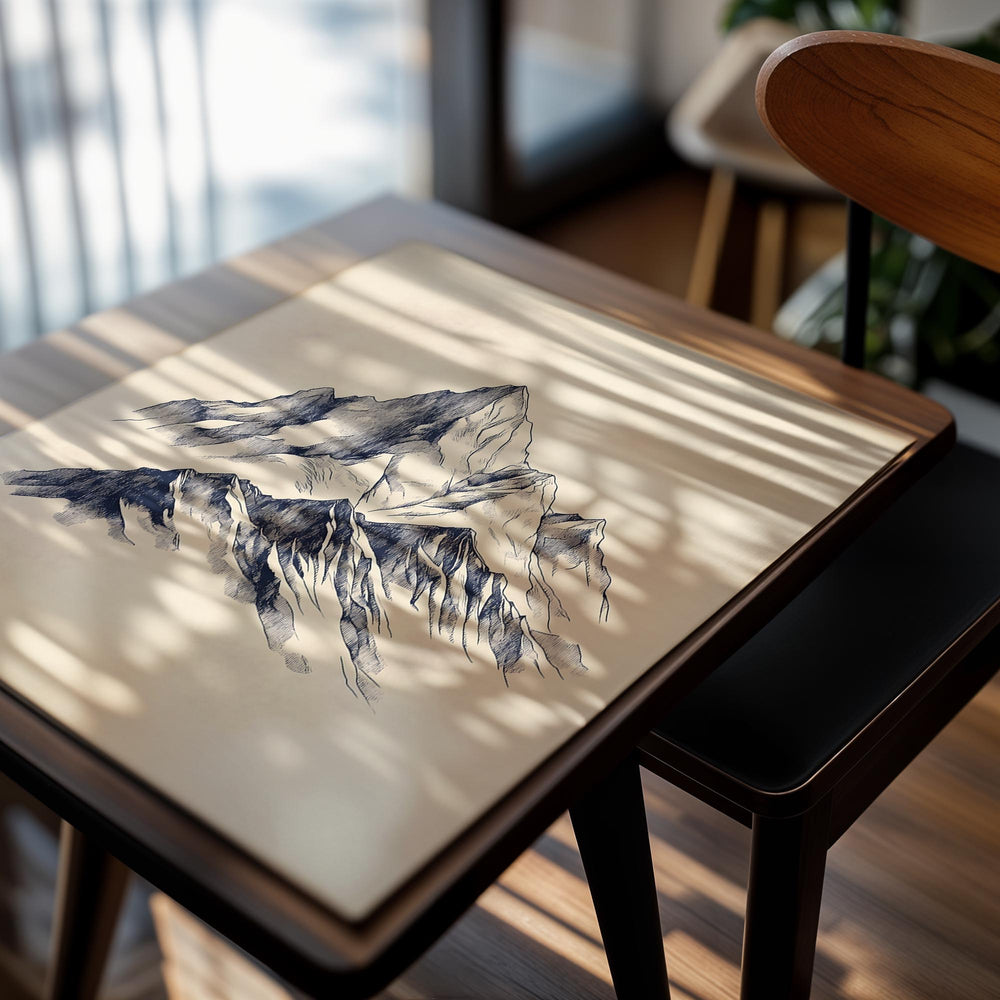 Artistic depiction of a mountain on a beige background, as a premium aluminum metal print from GoMetalPrint.
