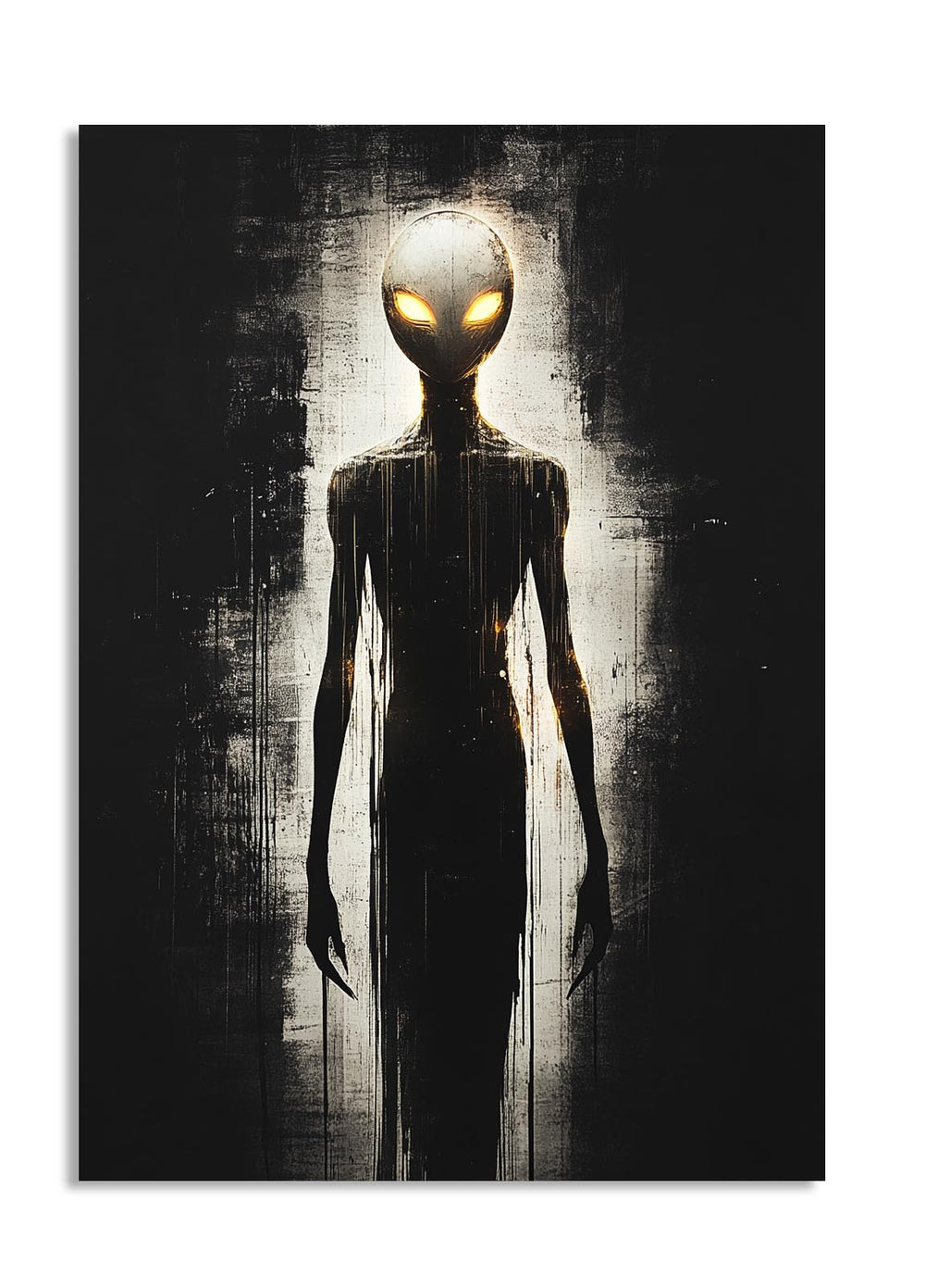 Silhouette of an alien figure with glowing eyes against a dark background, as a premium aluminum metal print from GoMetalPrint.
