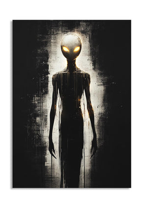 Silhouette of an alien figure with glowing eyes against a dark background, as a premium aluminum metal print from GoMetalPrint.

