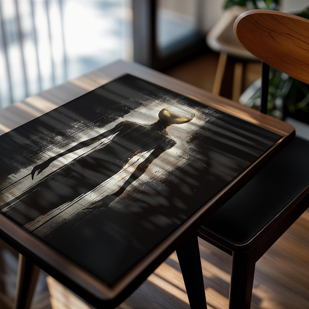 Silhouette of an alien figure with glowing eyes against a dark background, as a premium aluminum metal print from GoMetalPrint.
