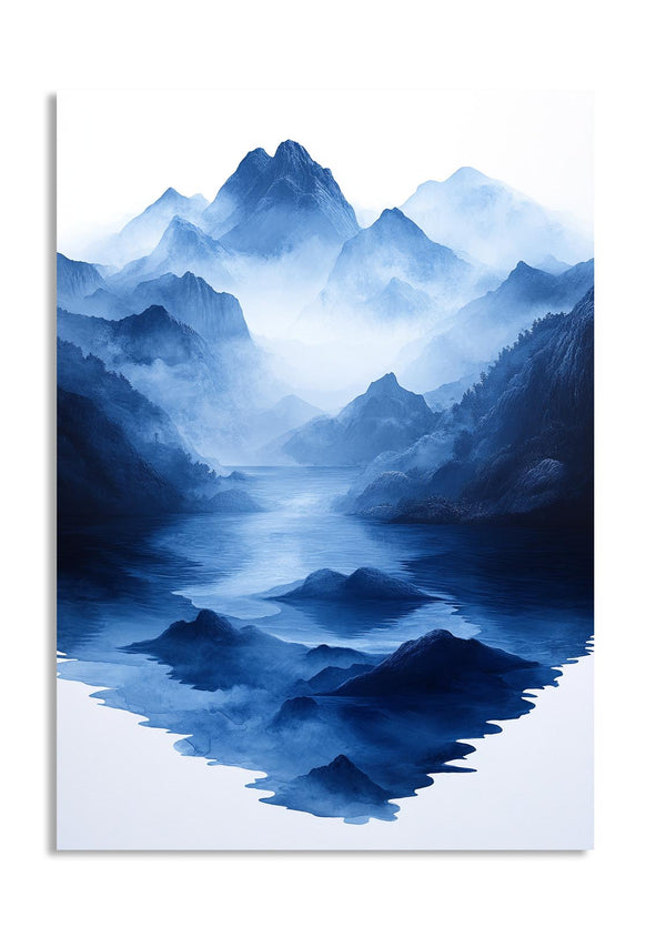 Blue mountain landscape with reflection in water on a white background, as a premium aluminum metal print from GoMetalPrint.
