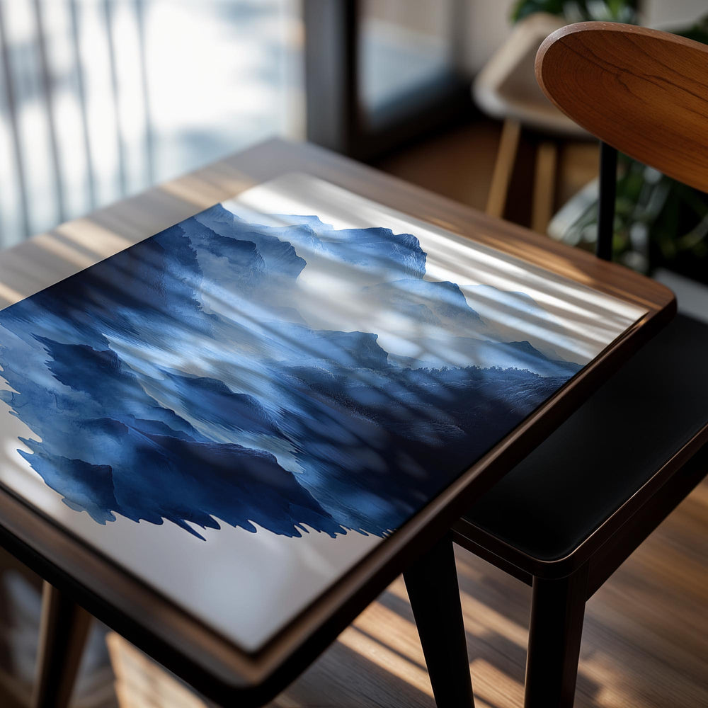 Blue mountain landscape with reflection in water on a white background, as a premium aluminum metal print from GoMetalPrint.
