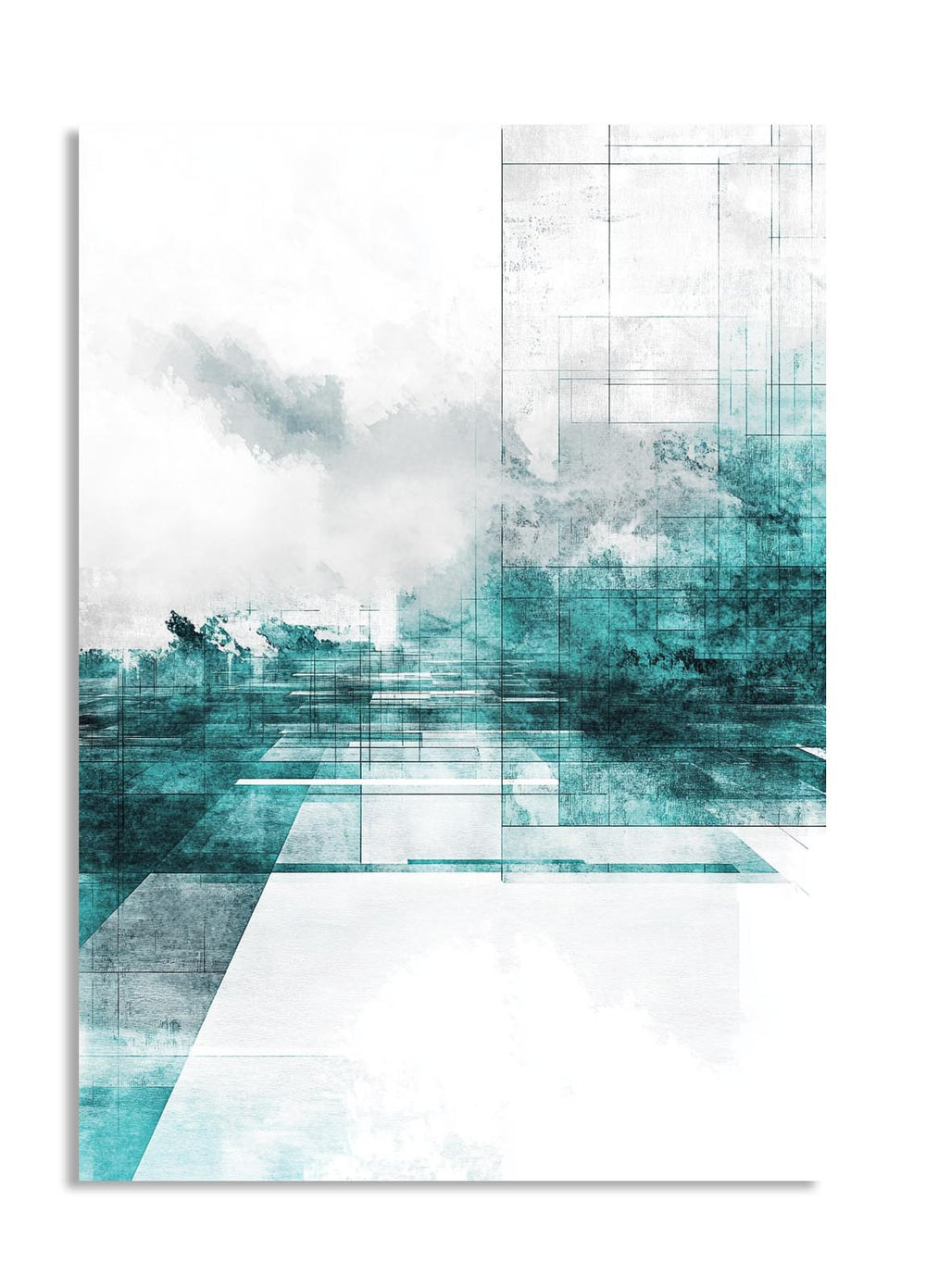 Abstract art print with geometric shapes and teal and white colors on a white background, as a premium aluminum metal print from GoMetalPrint.
