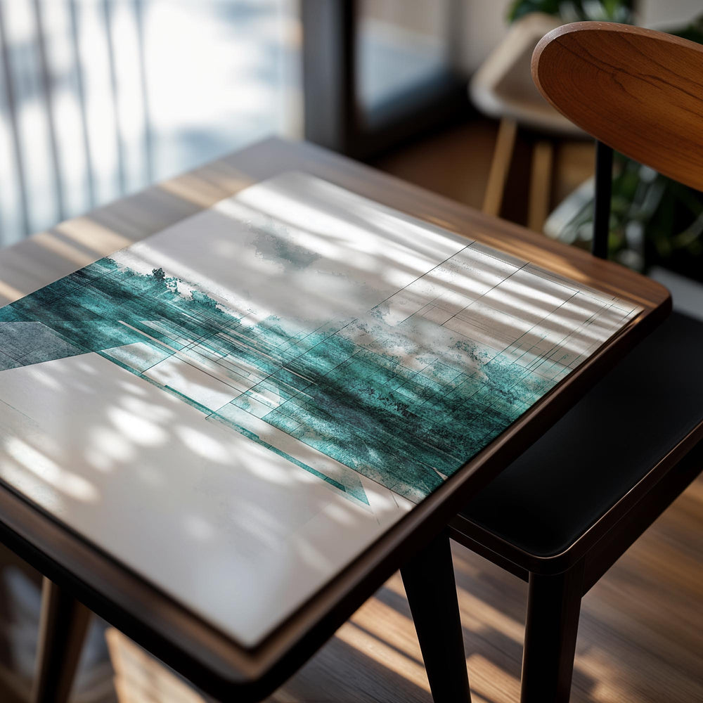 Abstract art print with geometric shapes and teal and white colors on a white background, as a premium aluminum metal print from GoMetalPrint.
