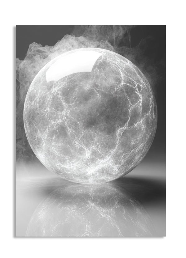Spherical marble-like object with a reflective surface on a dark background , as a premium aluminum metal print from GoMetalPrint.

