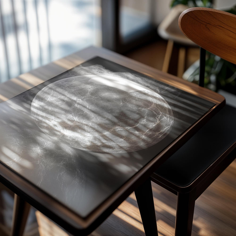 Spherical marble-like object with a reflective surface on a dark background , as a premium aluminum metal print from GoMetalPrint.
