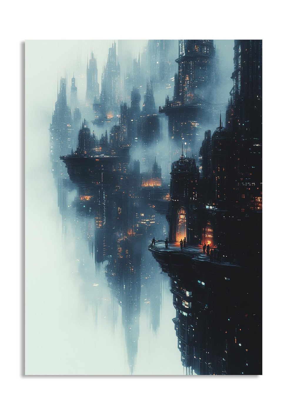Futuristic cityscape with tall buildings and mist on a white background, as a premium aluminum metal print from GoMetalPrint.

