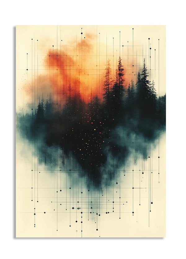 Artistic depiction of trees with a grid overlay on a beige background, as a premium aluminum metal print from GoMetalPrint.
